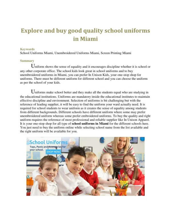 Explore and buy good quality school uniforms in Miami