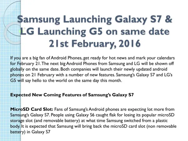 Samsung Launching Galaxy S7 & LG Launching G5 on same date 21st February, 2016