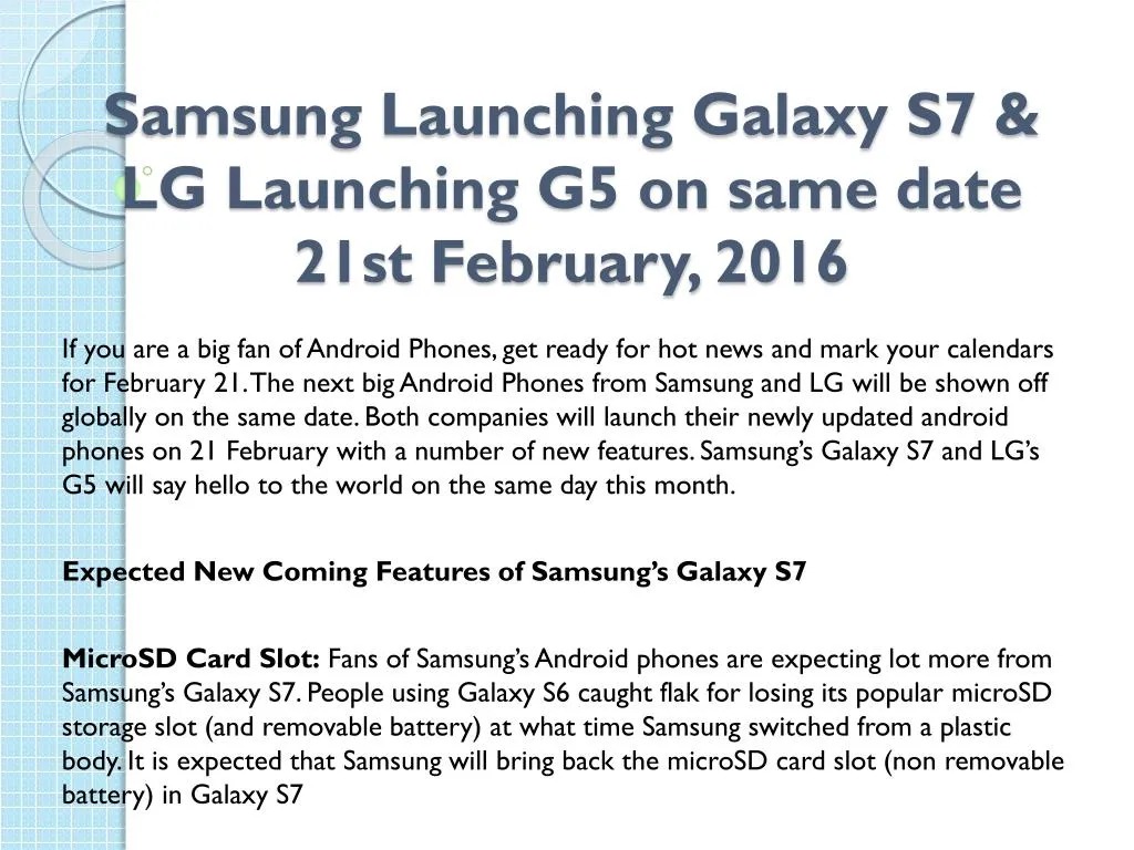 samsung launching galaxy s7 lg launching g5 on same date 21st february 2016