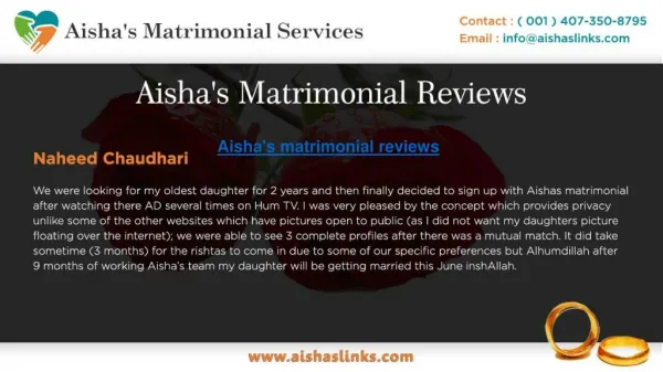 Aisha's matrimonial reviews is no 1 matromonial website in USA