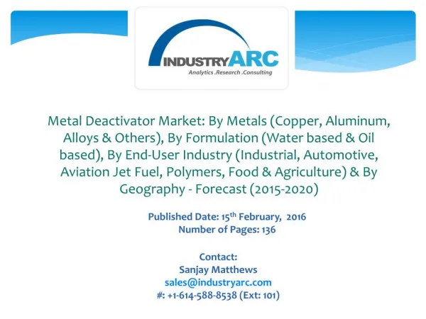 APAC of metal deactivator market is projected to grow at the fastest pace during the observation period 2015-2020.