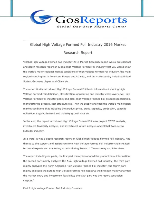 Global High Voltage Formed Foil Industry 2016 Market Research Report