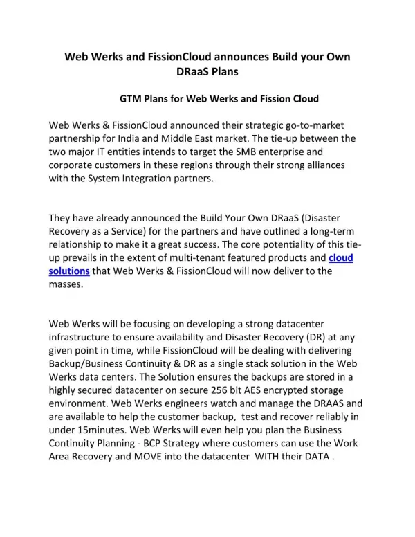 Web Werks and FissionCloud announces Build your Own DRaaS Plans