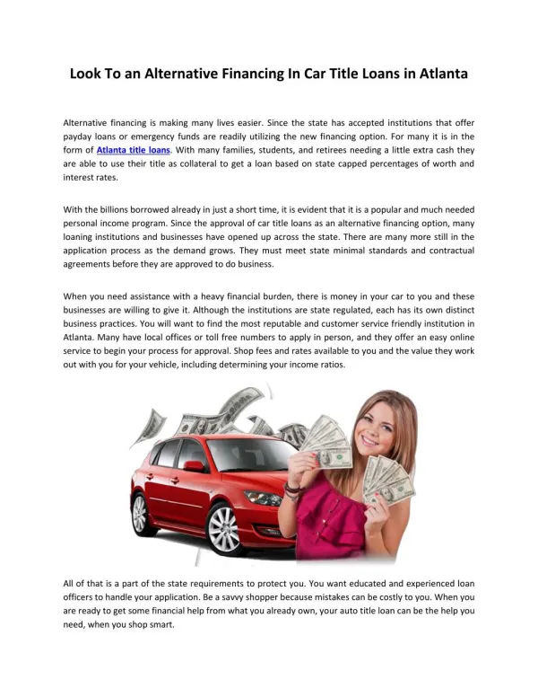 Look To an Alternative Financing In Car Title Loans in Atlanta