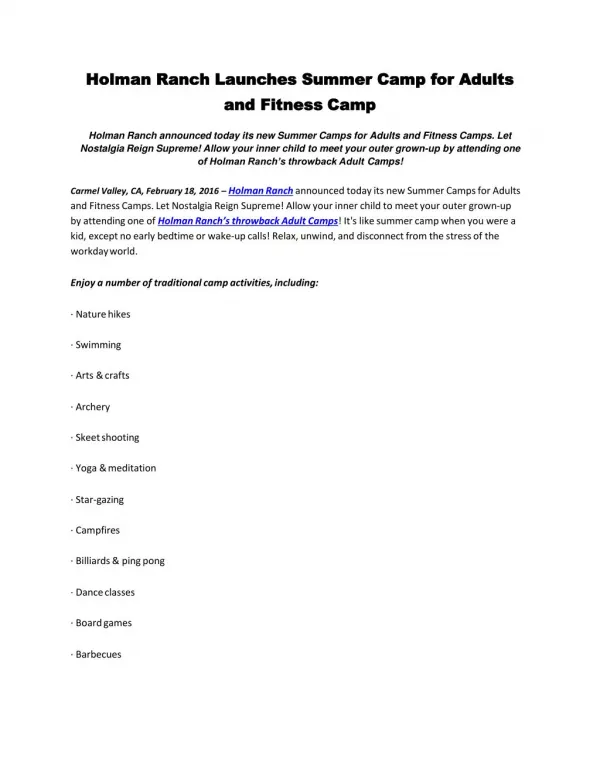 Holman ranch launches summer camp for adults and fitness camp