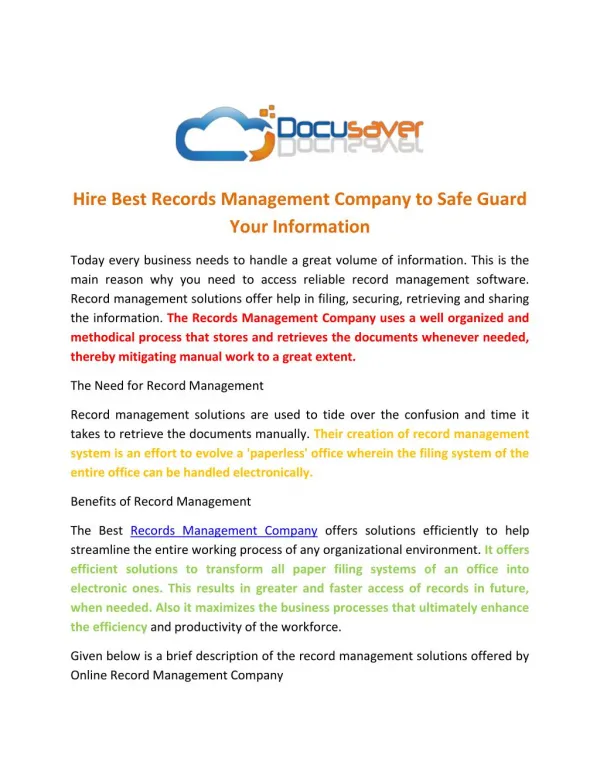 Hire Best Records Management Company to Safe Guard Your Information