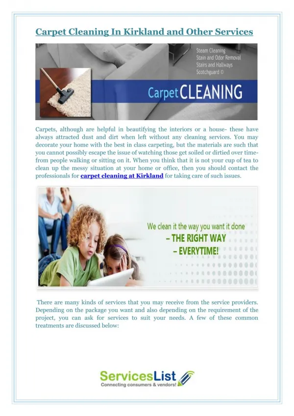 Carpet Cleaning In Kirkland and Other Services