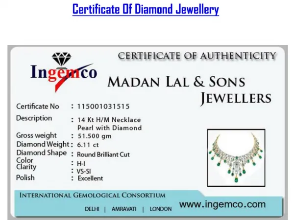 Certificate of Diamond Jewellery