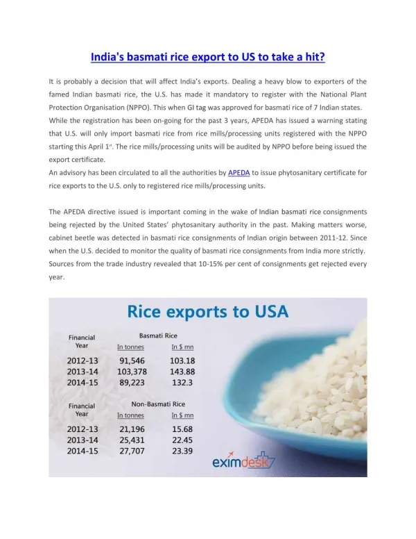 India's basmati rice export to US to take a hit?