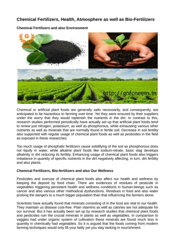 Chemical Fertilizers, Health, Atmosphere as well as Bio-Fertilizers