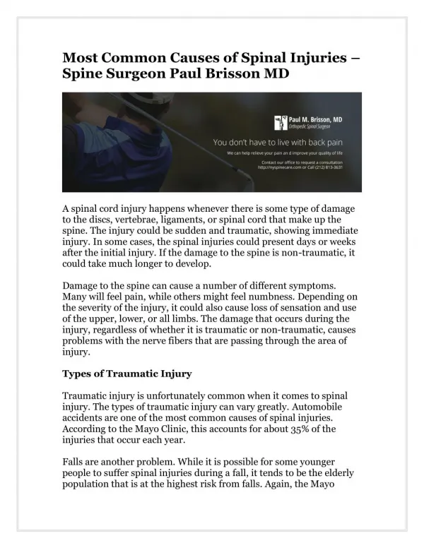 Most Common Causes of Spinal Injuries – Spine Surgeon Paul Brisson MD