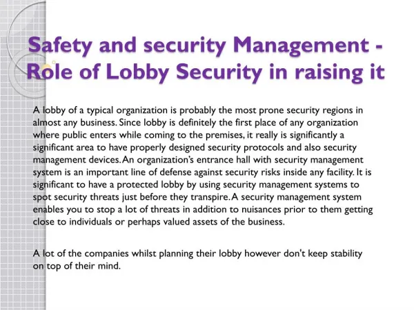Safety and security Management - Role of Lobby Security in raising it