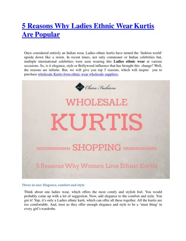 5 Reasons Why Ladies Ethnic Wear Kurtis Are Popular