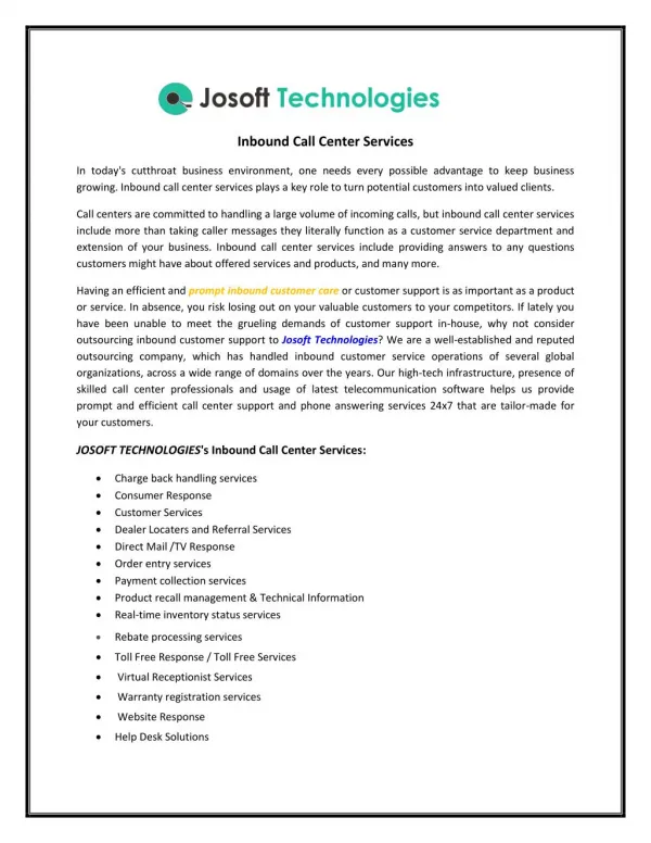 Inbound Call Center Services provided by Josoft technology