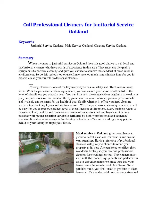 Call Professional Cleaners for Janitorial Service Oakland
