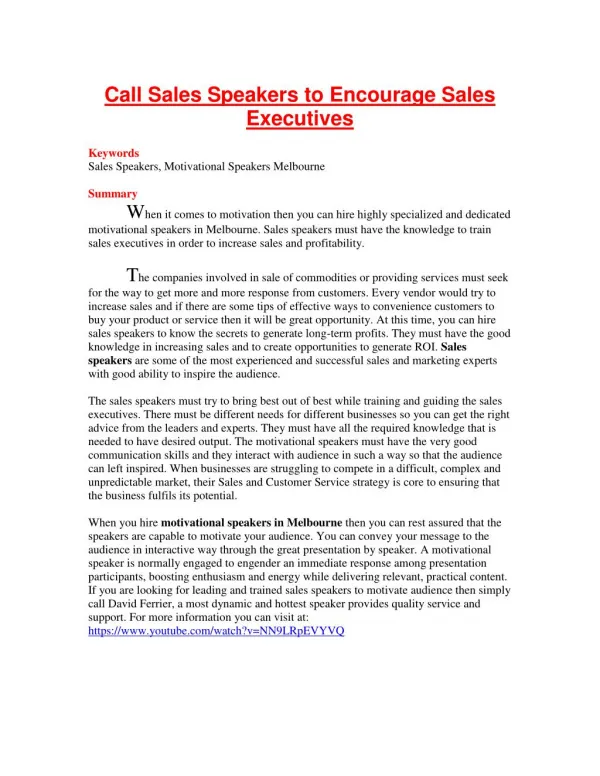 Call Sales Speakers to Encourage Sales Executives