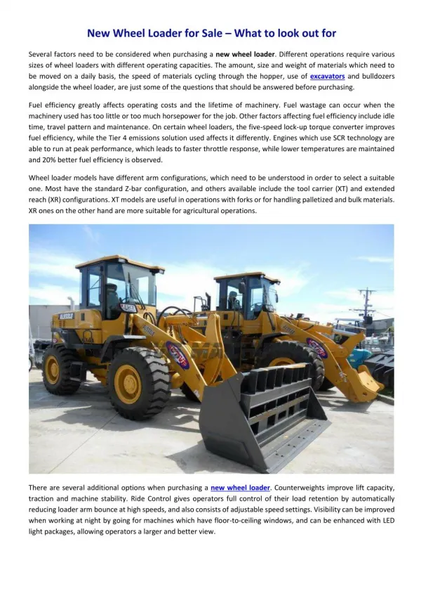 New wheel loader for sale – what to look out for