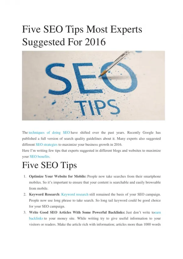 Five SEO Tips Most Experts Suggested For 2016