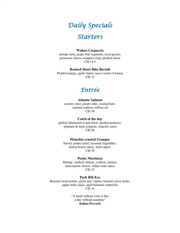 Dinner Menu of Daily Special Starter at Grand Old House Waterfront Restaurant in Grand Cayman