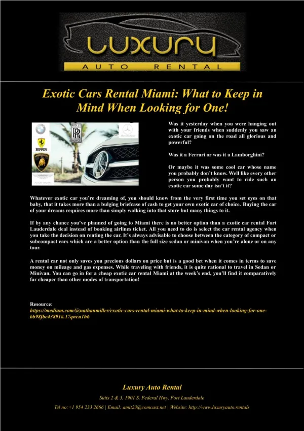 Exotic Cars Rental Miami: What to Keep in Mind When Looking for One!