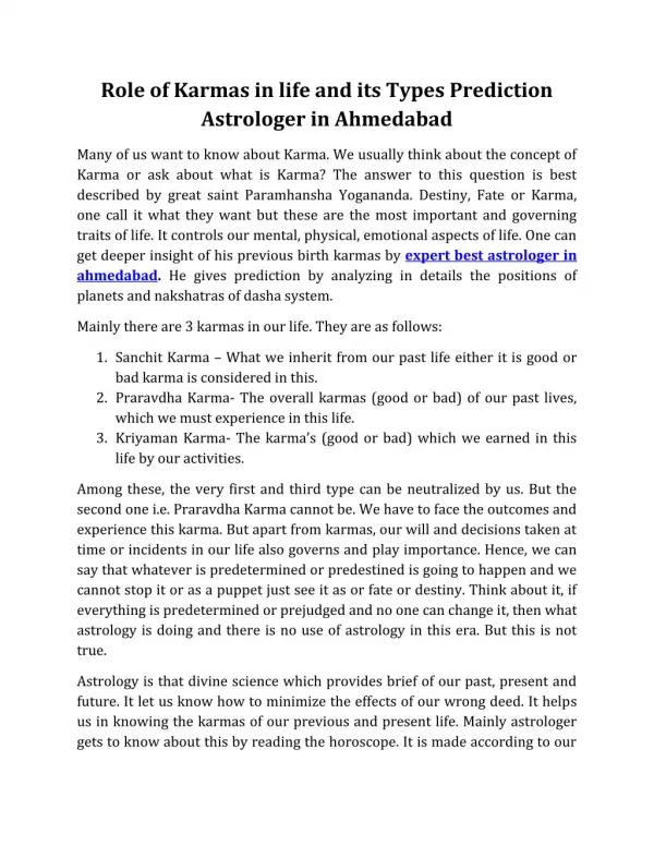 Role of Karmas & Prediction Best Astrologer in Ahmedabad
