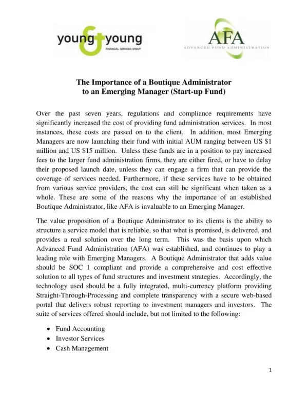 The Importance of a Boutique Administrator to an Emerging Manager (Start-up Fund)