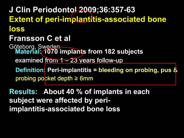 J Clin Periodontol 2009;36:357-63 Extent of peri-implantitis-associated bone loss Fransson C et al G teborg, Sweden