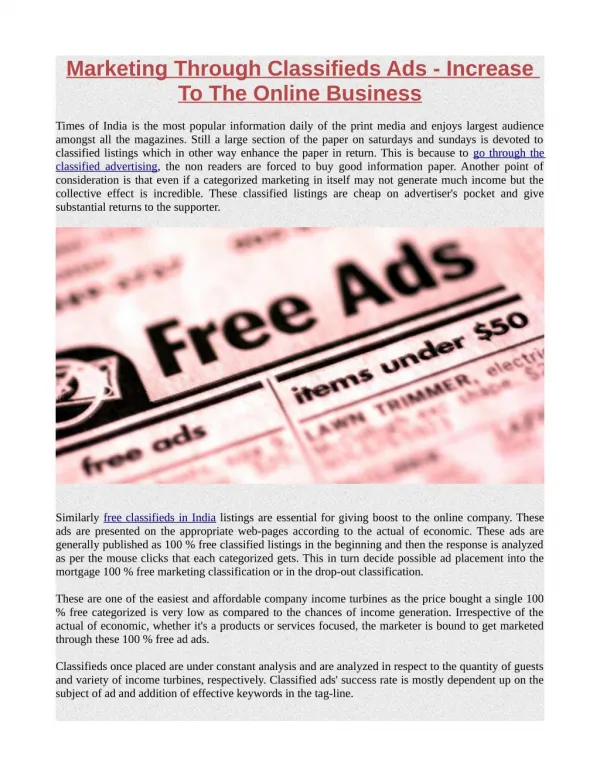 Marketing Through Classifieds Ads - Increase To The Online Business