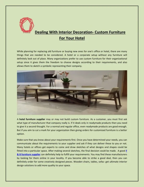 Dealing With Interior Decoration- Custom Furniture For Your Hotel