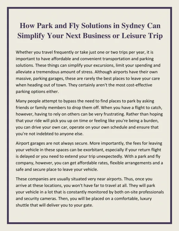 How Park and Fly Solutions in Sydney Can Simplify Your Next Business or Leisure Trip