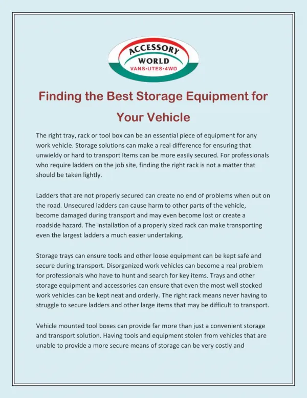Finding the Best Storage Equipment for Your Vehicle