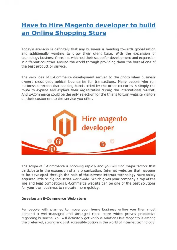 Have to Hire Magento developer to build an Online Shopping Store
