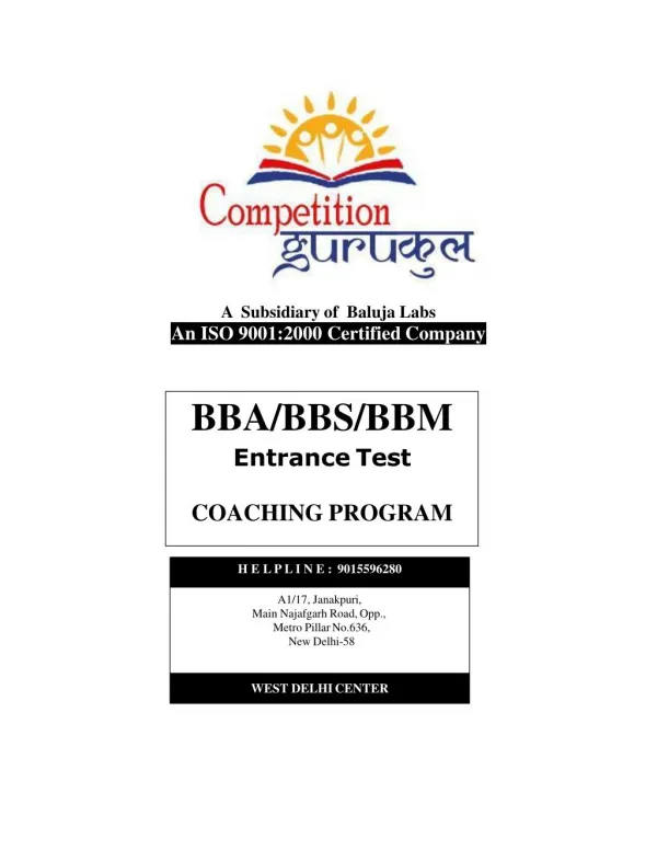 BBA/BMS/BBS Entrance Exam Coaching 2016 in Uttam Nagar & Janakpuri, Delhi - Competition Gurukul
