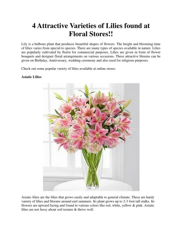 4 Attractive Varieties of Lilies found at Floral Stores!!