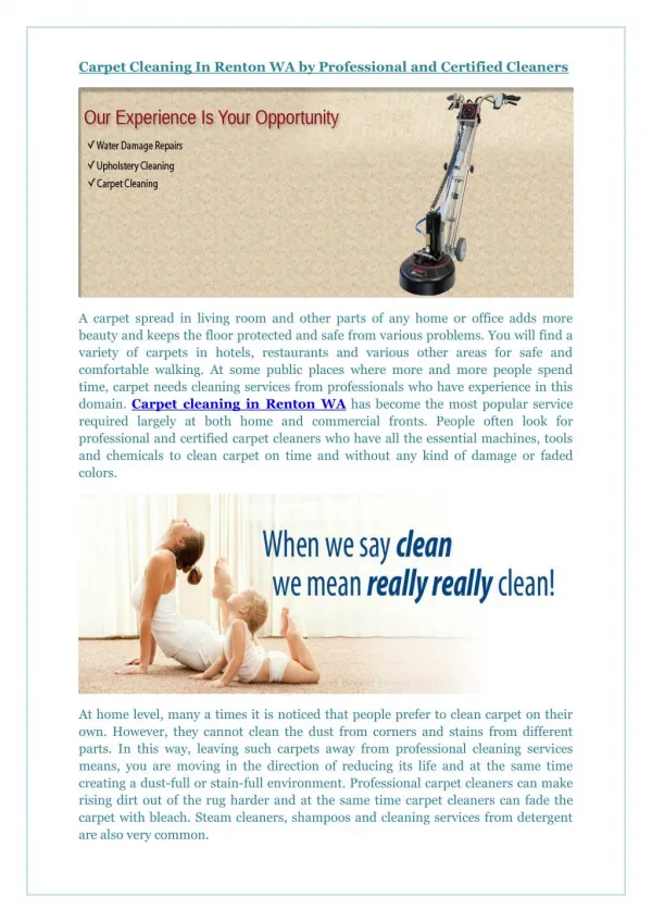 Carpet Cleaning In Renton WA by Professional and Certified Cleaners