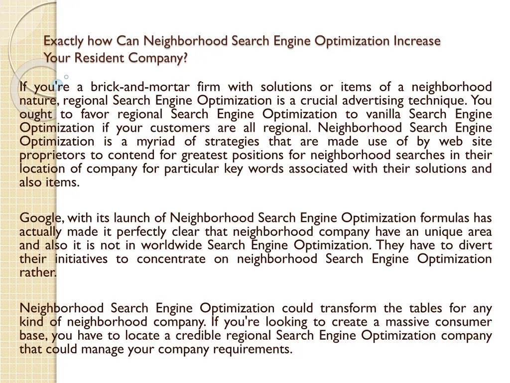 exactly how can neighborhood search engine optimization increase your resident company