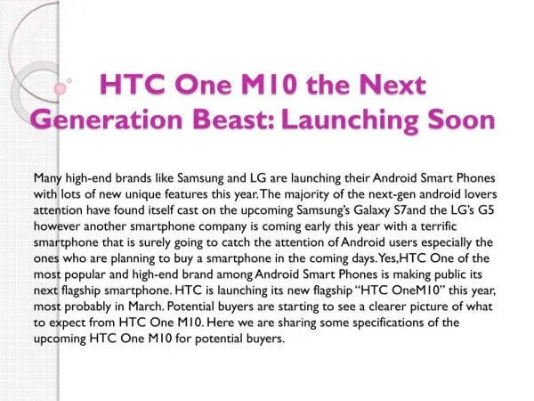 HTC One M10 the Next Generation Beast: Launching Soon
