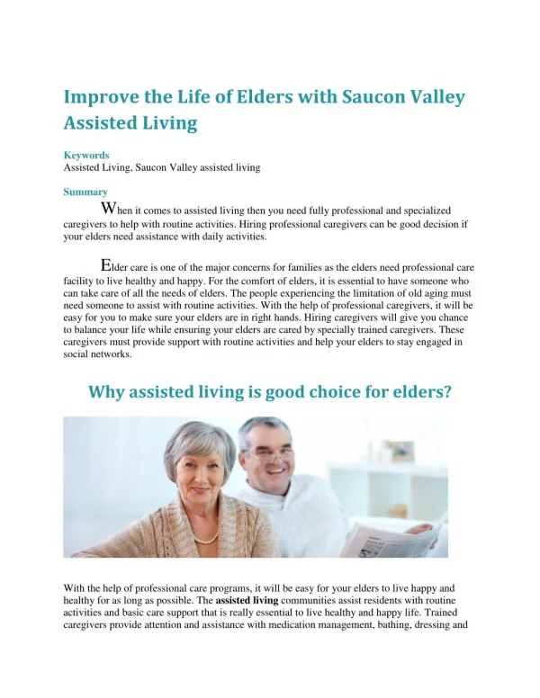 Improve the Life of Elders with Saucon Valley Assisted Living