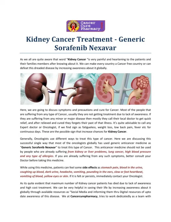 Kidney Cancer Treatment - Generic Sorafenib Nexavar