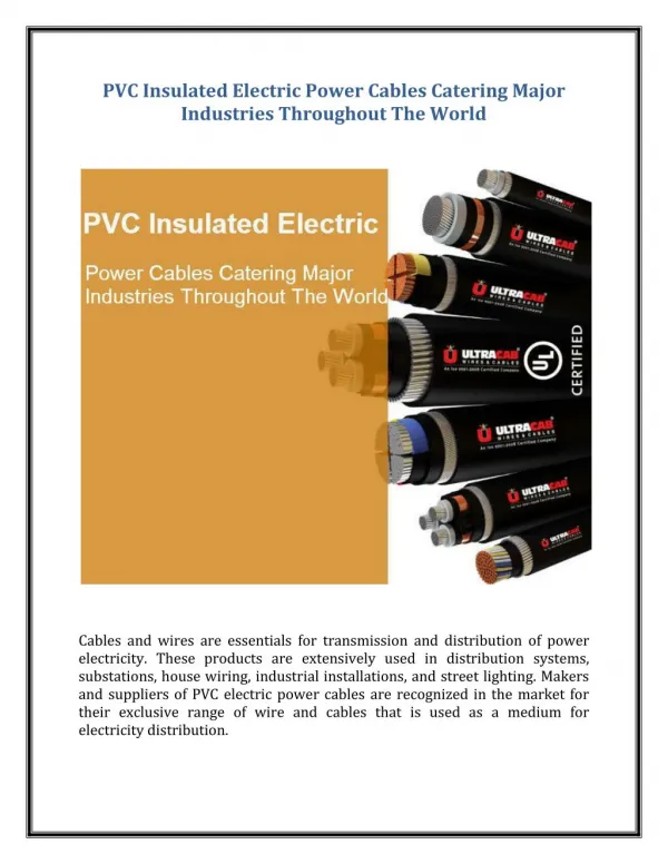 PVC Insulated Electric Power Cables Catering Major Industries Throughout The World