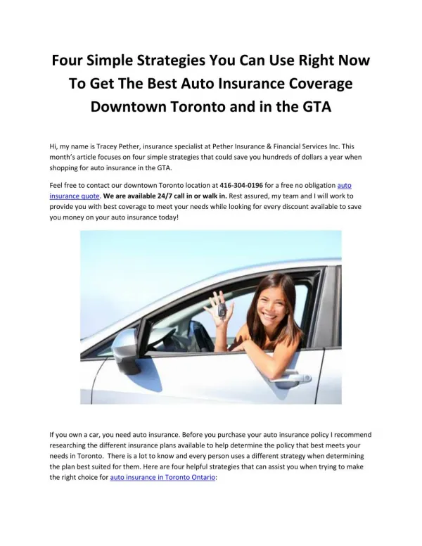 Four Simple Strategies You Can Use Right Now To Get The Best Auto Insurance Coverage Downtown Toronto and in the GTA