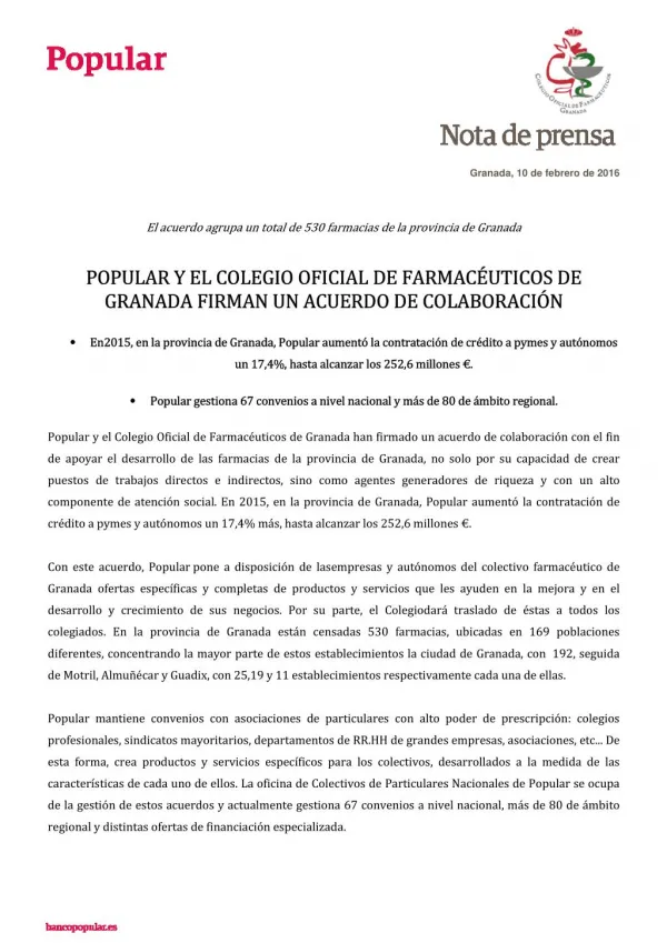 Acuerdo firmado entre Popular y el colegio de farmaceúticos de Granada