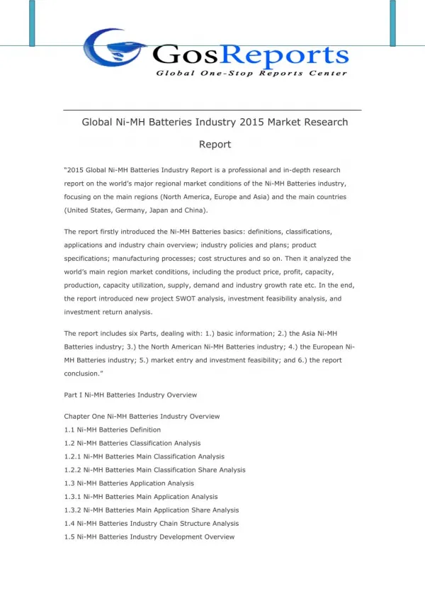 Global Ni-MH Batteries Industry 2015 Market Research Report