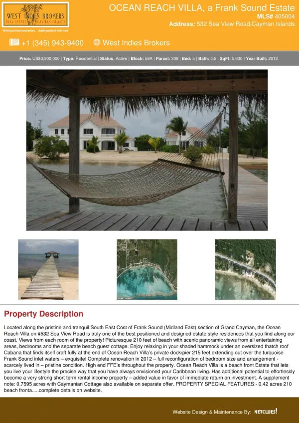 Ocean Reach Villa - Residential property in Cayman for sale