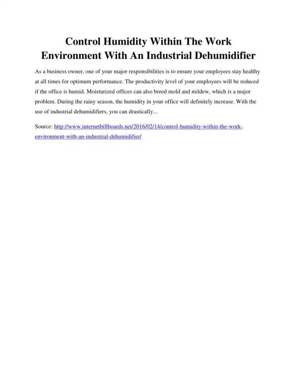 Control Humidity Within The Work Environment With An Industrial Dehumidifier