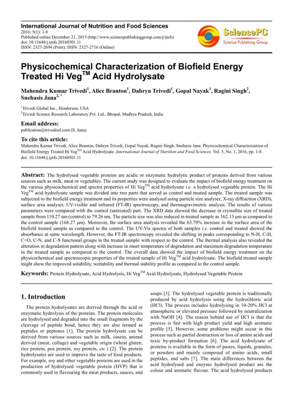 Physicochemical Characterization of Biofield Energy Treated Hi Veg TM Acid Hydrolysate