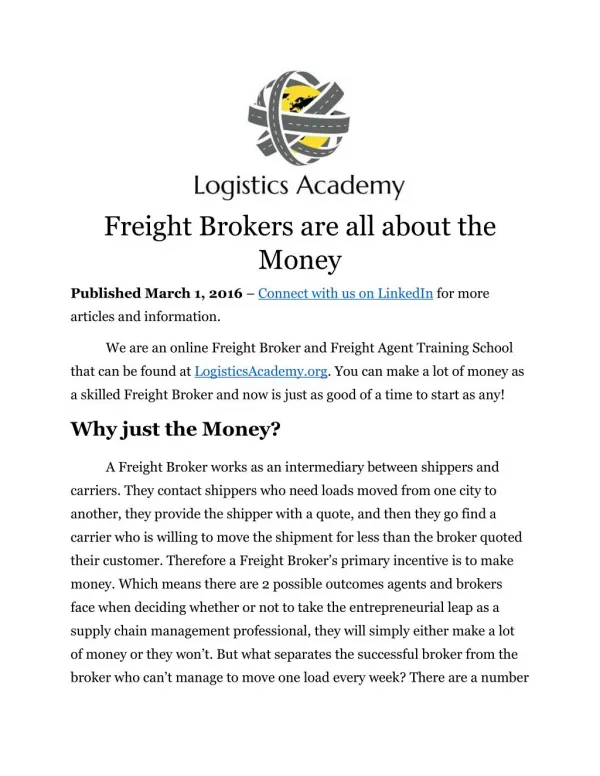 Freight Brokers are all about the Money