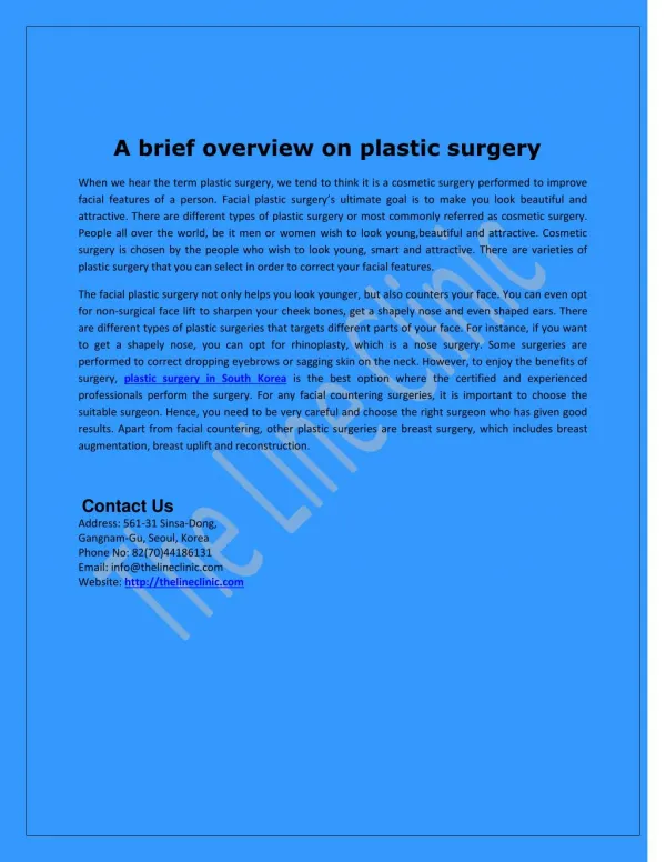 A brief overview on plastic surgery