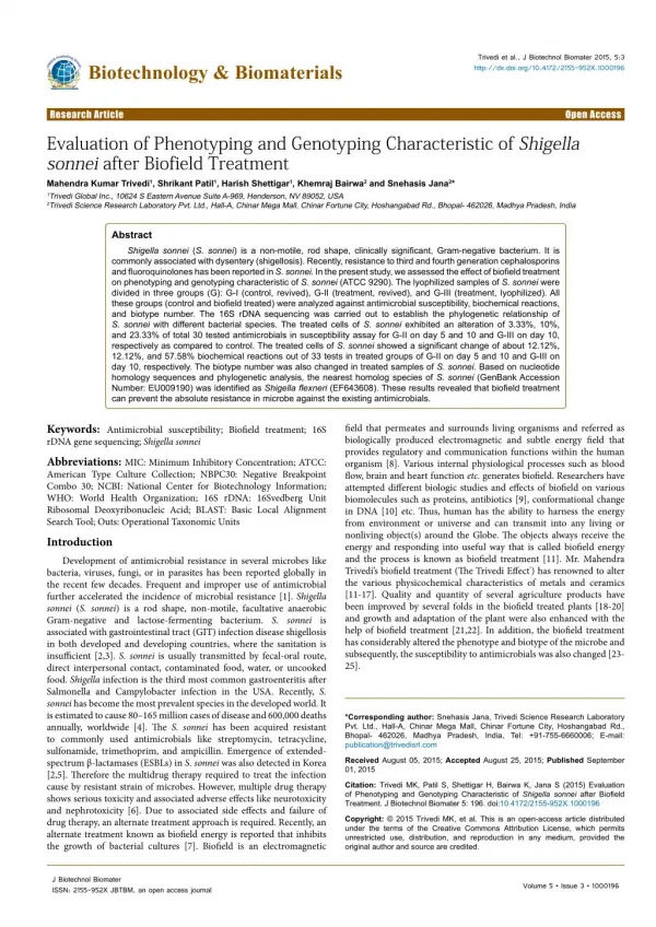 Evaluation of Phenotyping and Genotyping Characteristic of Shigella sonnei after Biofield Treatment