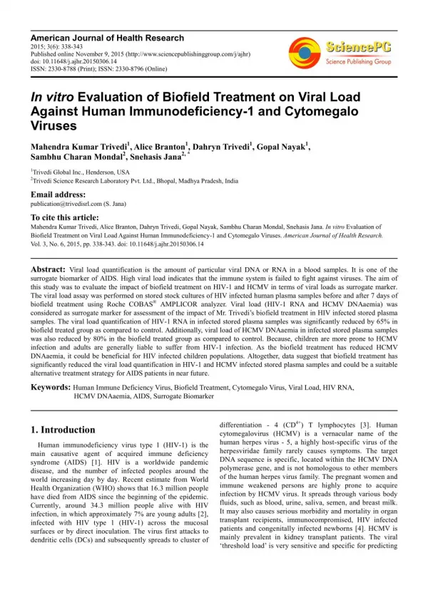 In vitro Evaluation of Biofield Treatment on Viral Load